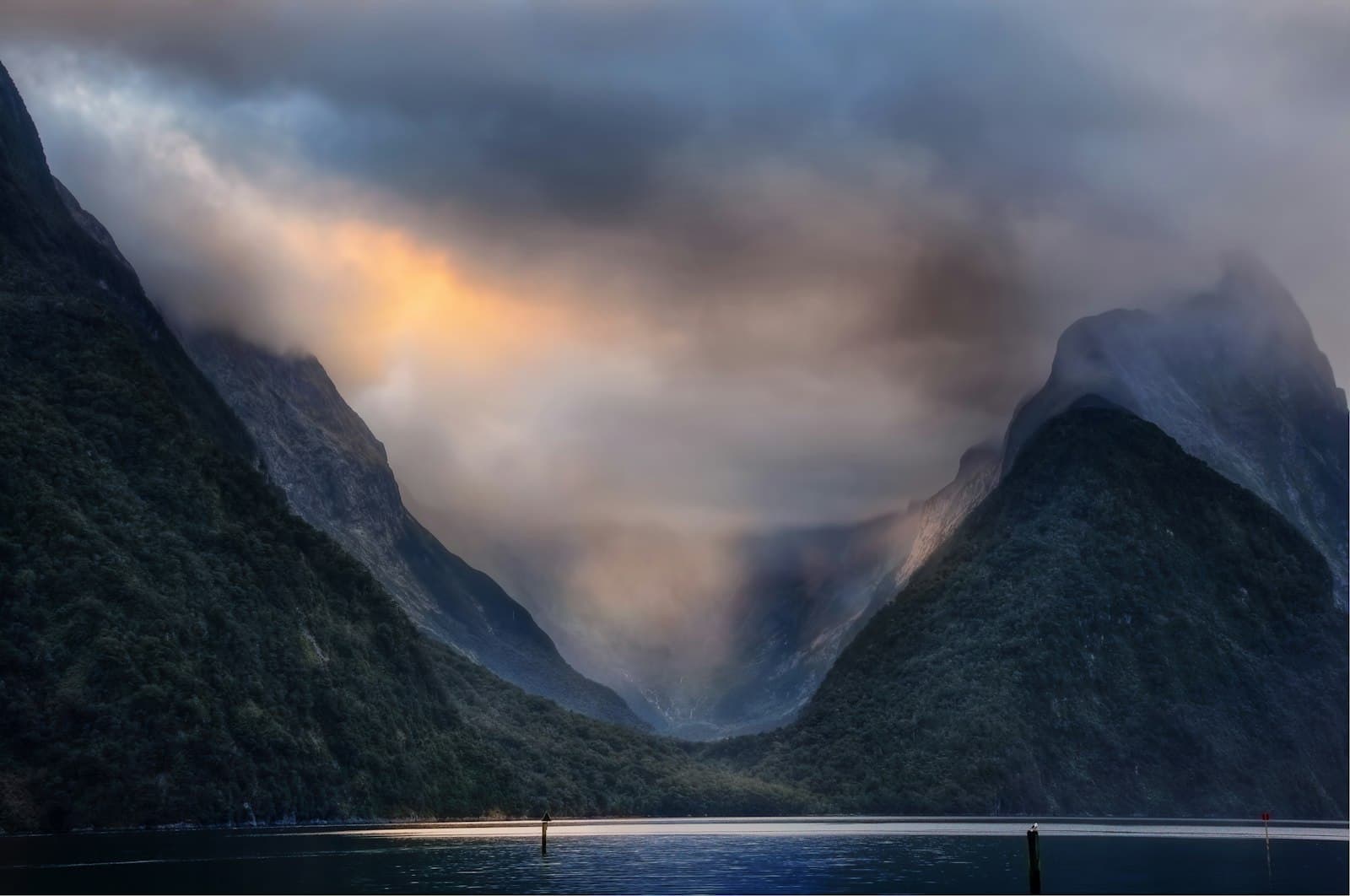 The misty walls of Milford Sound at dawn, mountains plunging into the fjord's dark water beneath a break of golden light