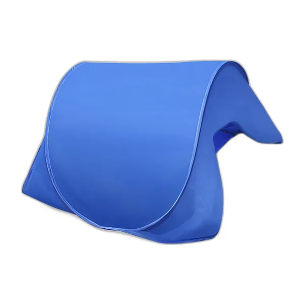 Blue pop-up head sunshade open, three-quarter view