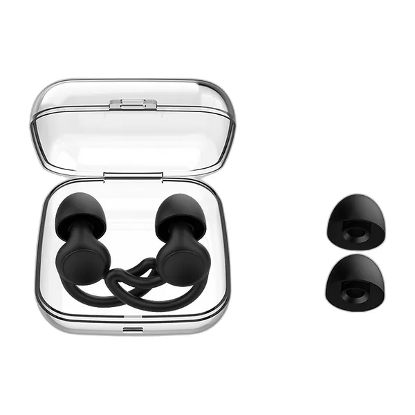 Black corded silicone earplugs in their case with spare tips