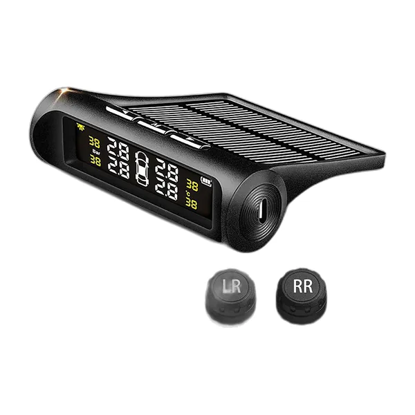 Solar tyre pressure monitor display with four valve-cap sensors