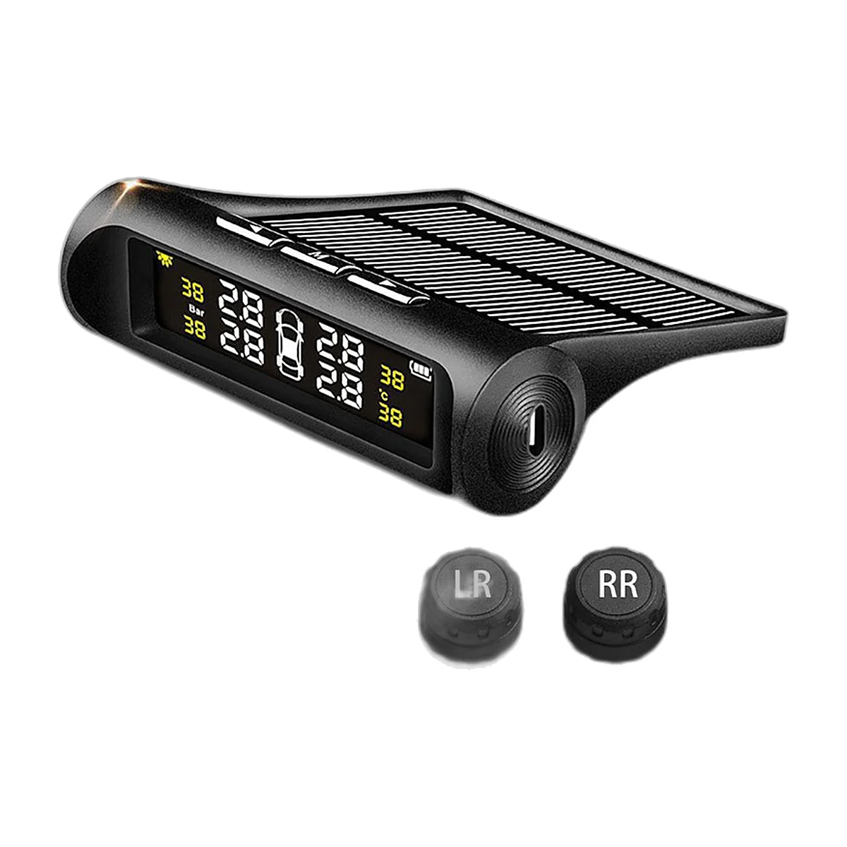 Solar tyre pressure monitor display with four valve-cap sensors