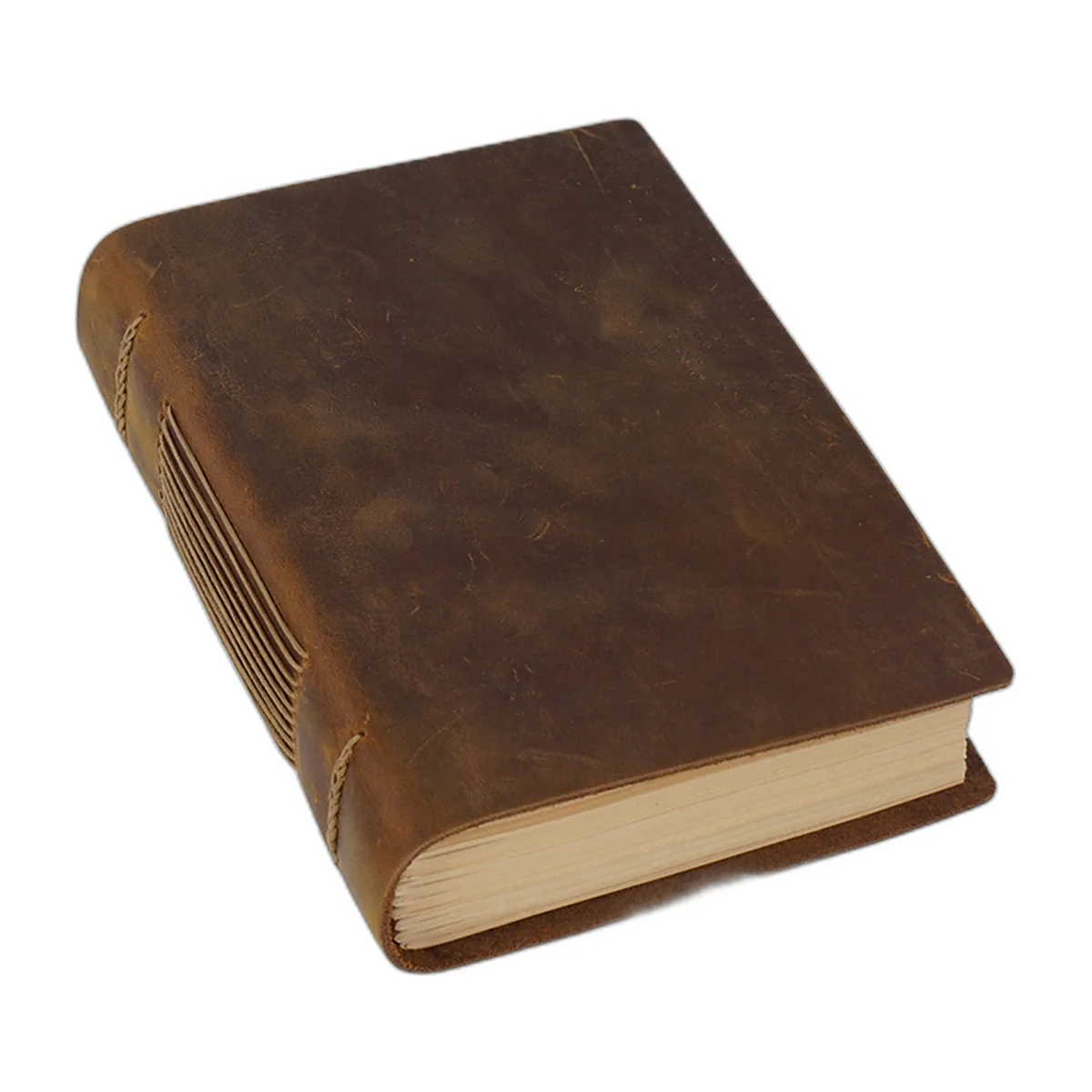 Hand-stitched brown leather travel journal, closed