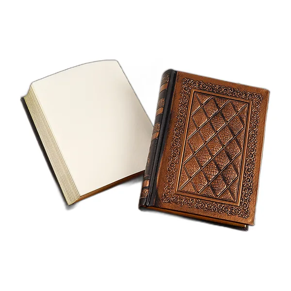 Carnet de voyage à couverture en simili-cuir gaufré bronze, fermé à côté d'un carnet ouvert aux pages blanches