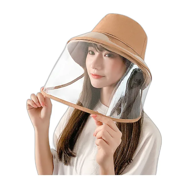 Khaki cotton bucket hat with removable clear shield, worn