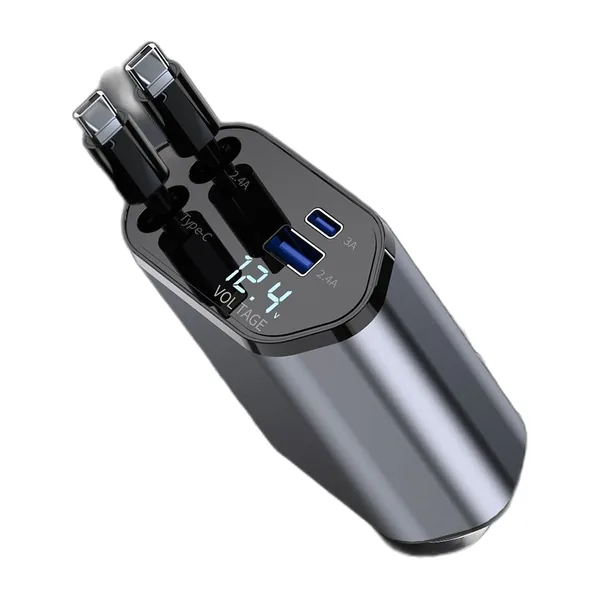 Chargeur allume-cigare gris métal avec deux câbles USB-C rétractables et afficheur de tension