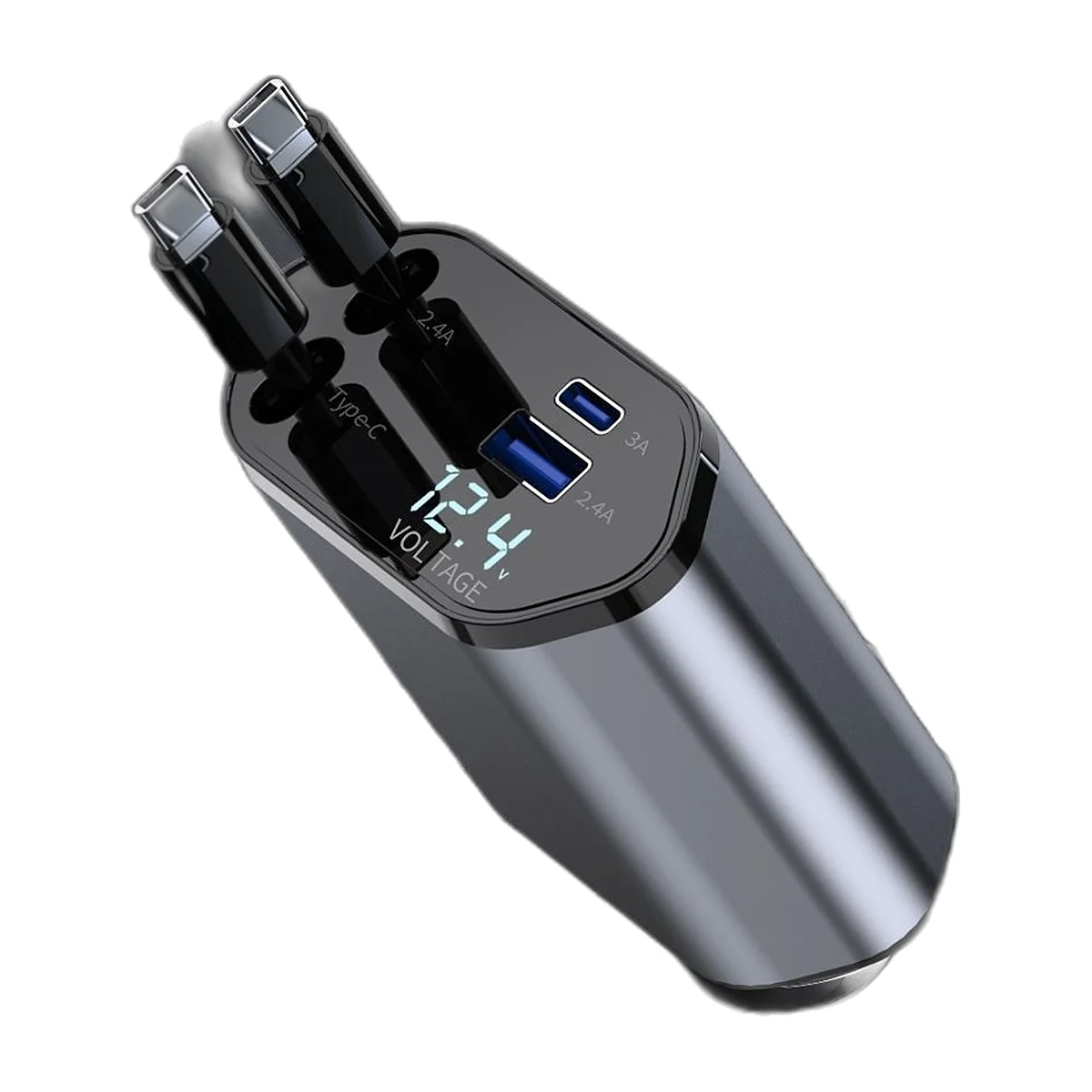 Grey metal car charger with two retractable USB-C cables and voltage display