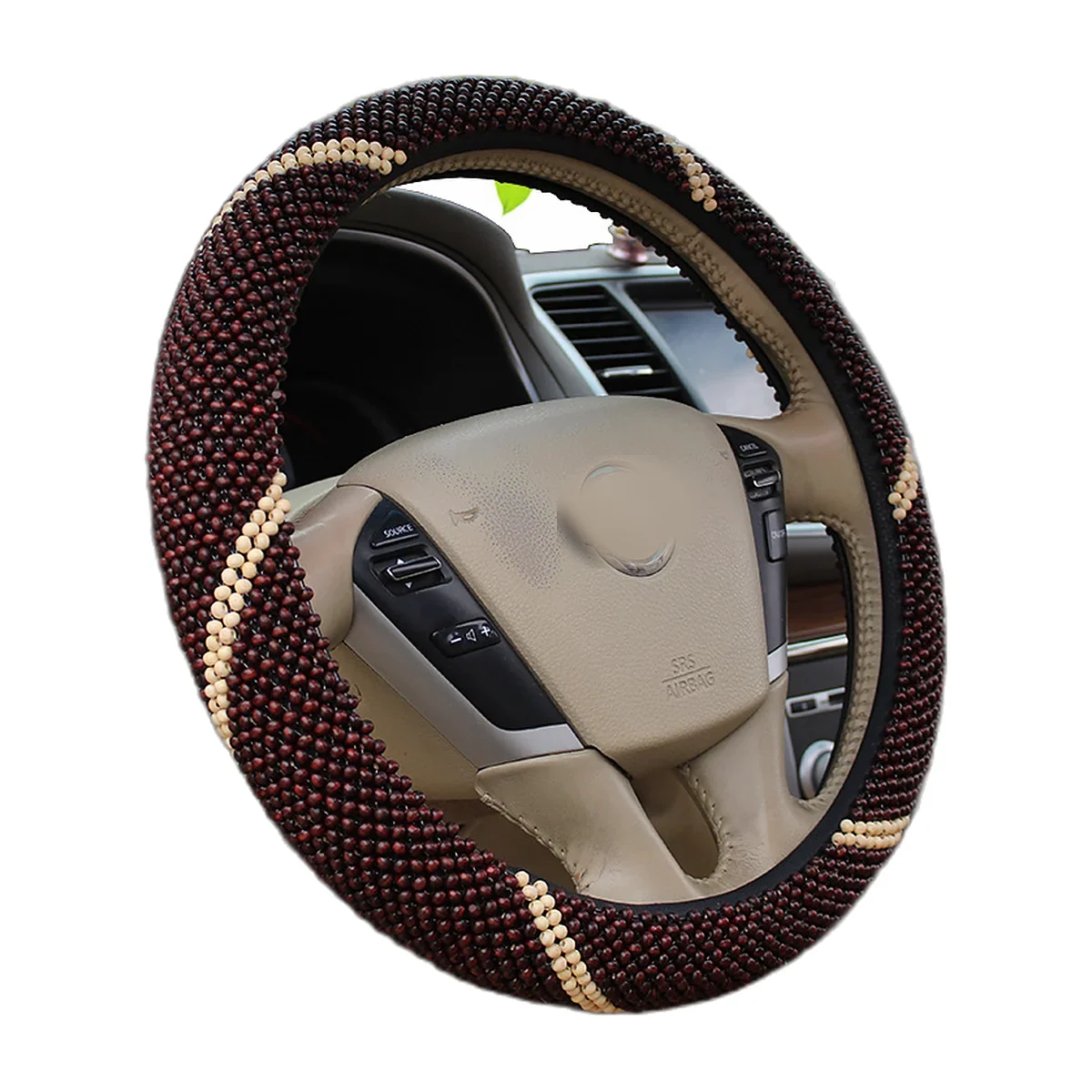 Dark-brown wooden-bead steering wheel cover with light swirls, fitted