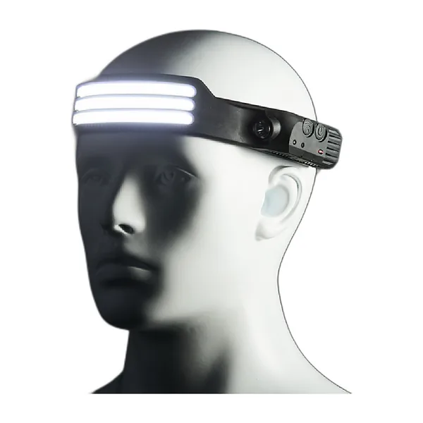 Lampe frontale à bandeau lumineux COB allumée sur une tête de mannequin