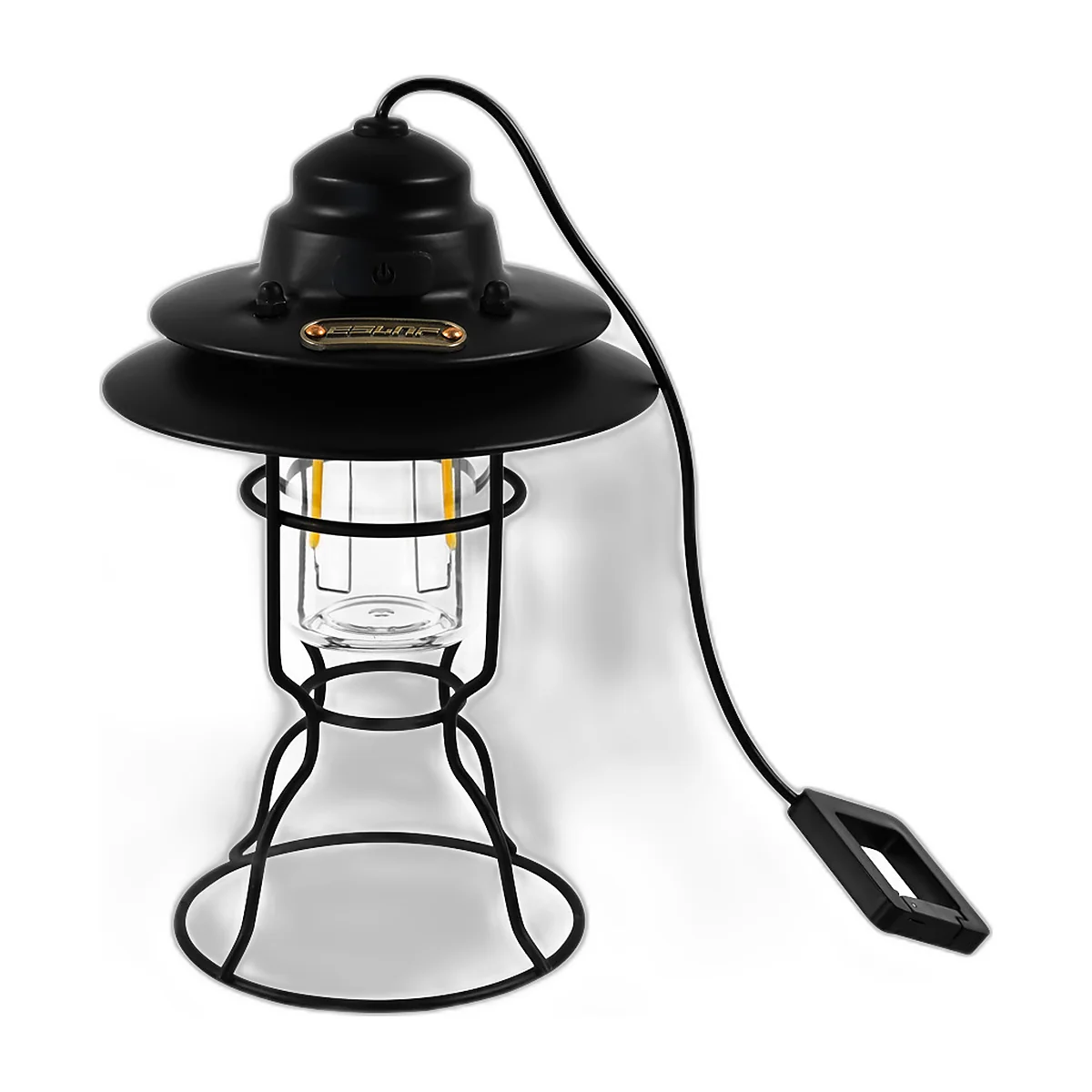 Small black retro lantern lit warm, with hanging cord