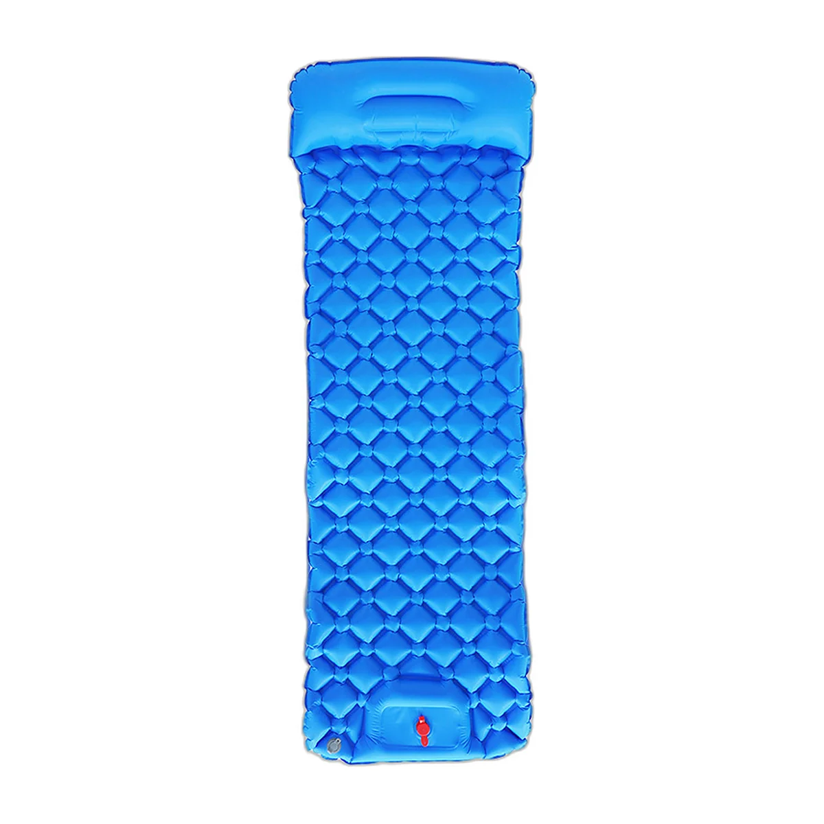 Blue inflatable mattress with built-in pillow, top view