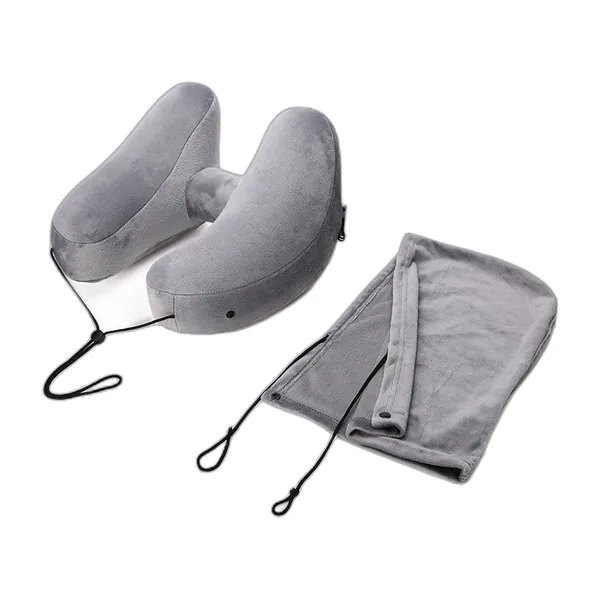Light grey inflatable H-shaped travel pillow with hood
