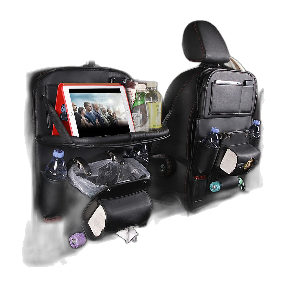 Black faux-leather seat-back organiser hanging on a front seat