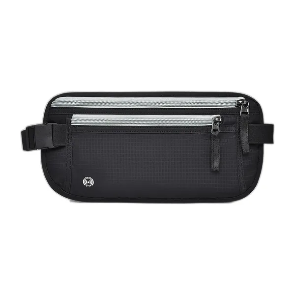 Black travel money belt with grey zips, holding passport and cards