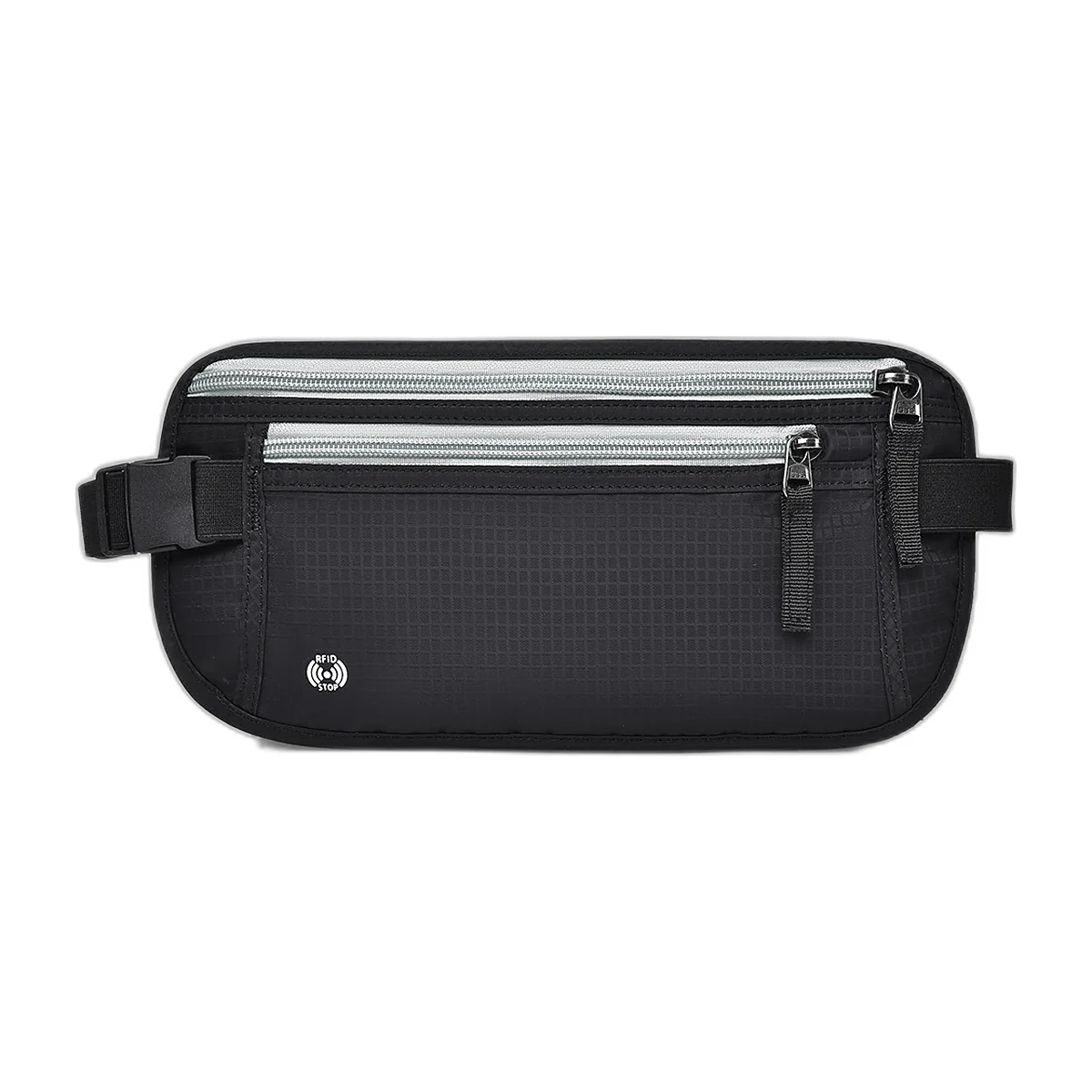 Black travel money belt with grey zips, holding passport and cards