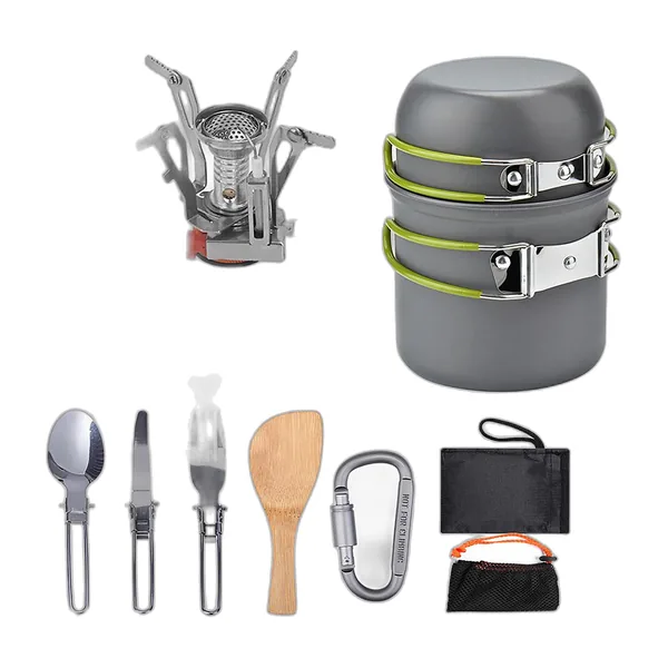 Aluminium camping cook set with mini stove, bowls, folding cutlery and bags