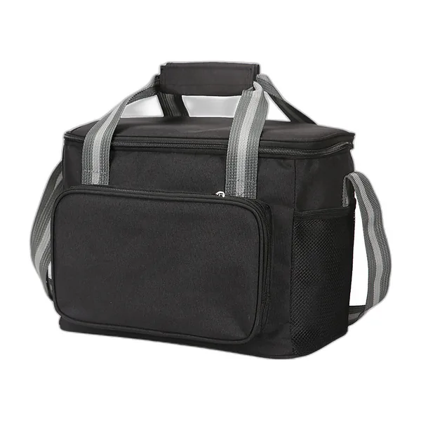 Sac isotherme noir à bandoulière grise, poche avant et poches latérales en filet