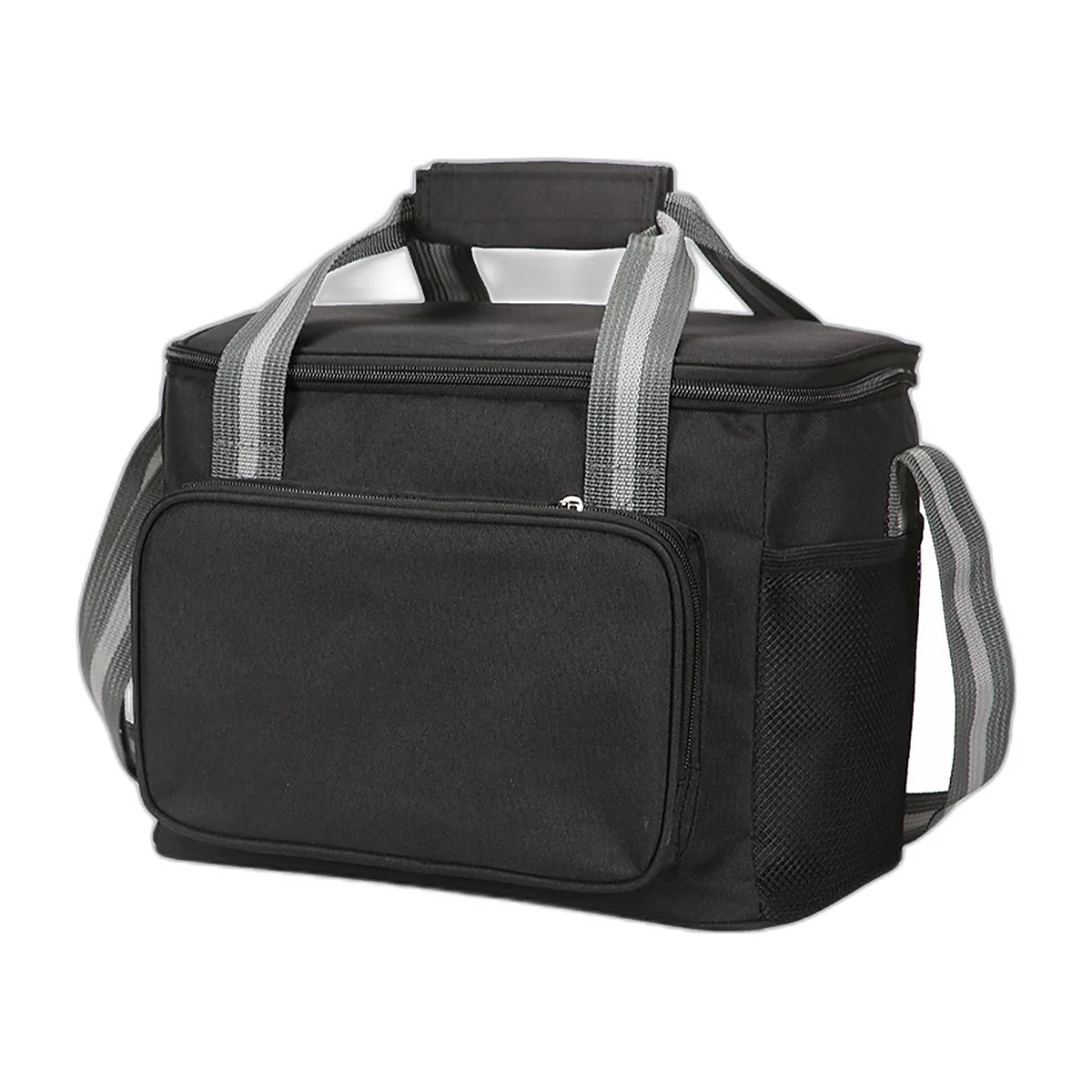 Black cooler bag with grey shoulder strap, front pocket and mesh side pockets