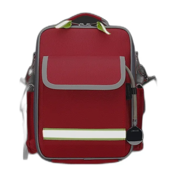 Red first-aid bag with reflective strips, three-quarter view