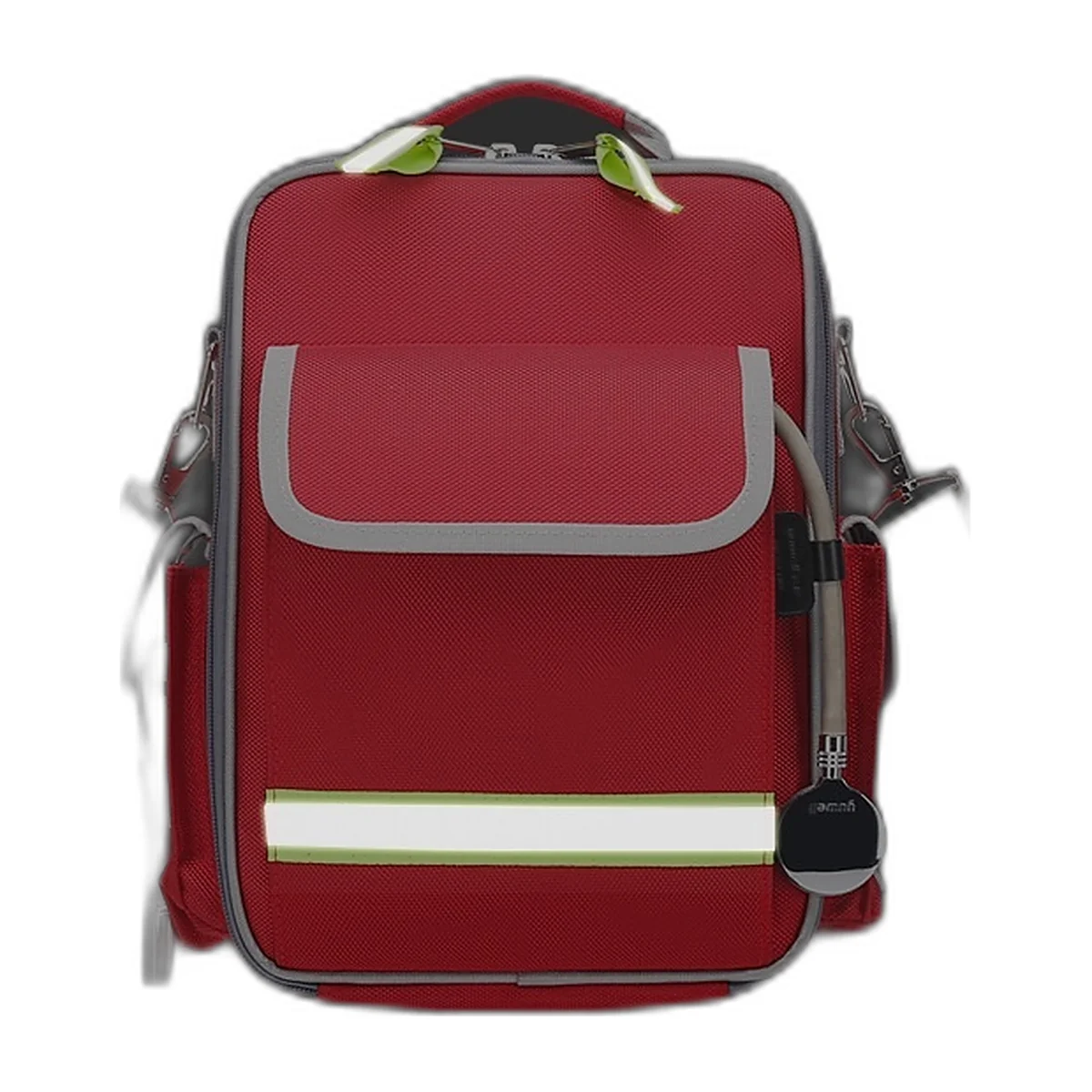 Red first-aid bag with reflective strips, three-quarter view
