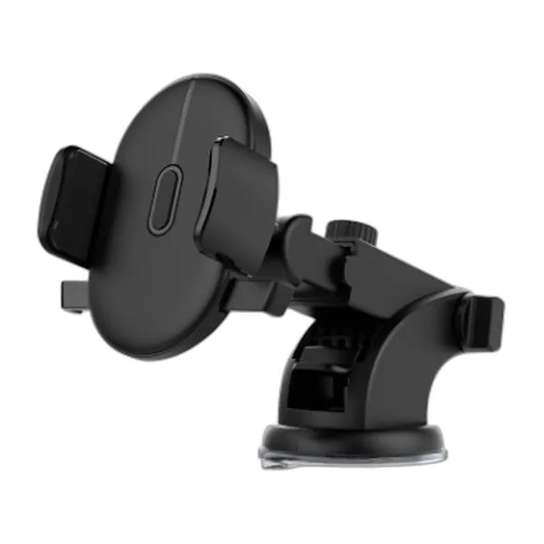Support de téléphone noir à ventouse et bras télescopique, vue de trois quarts