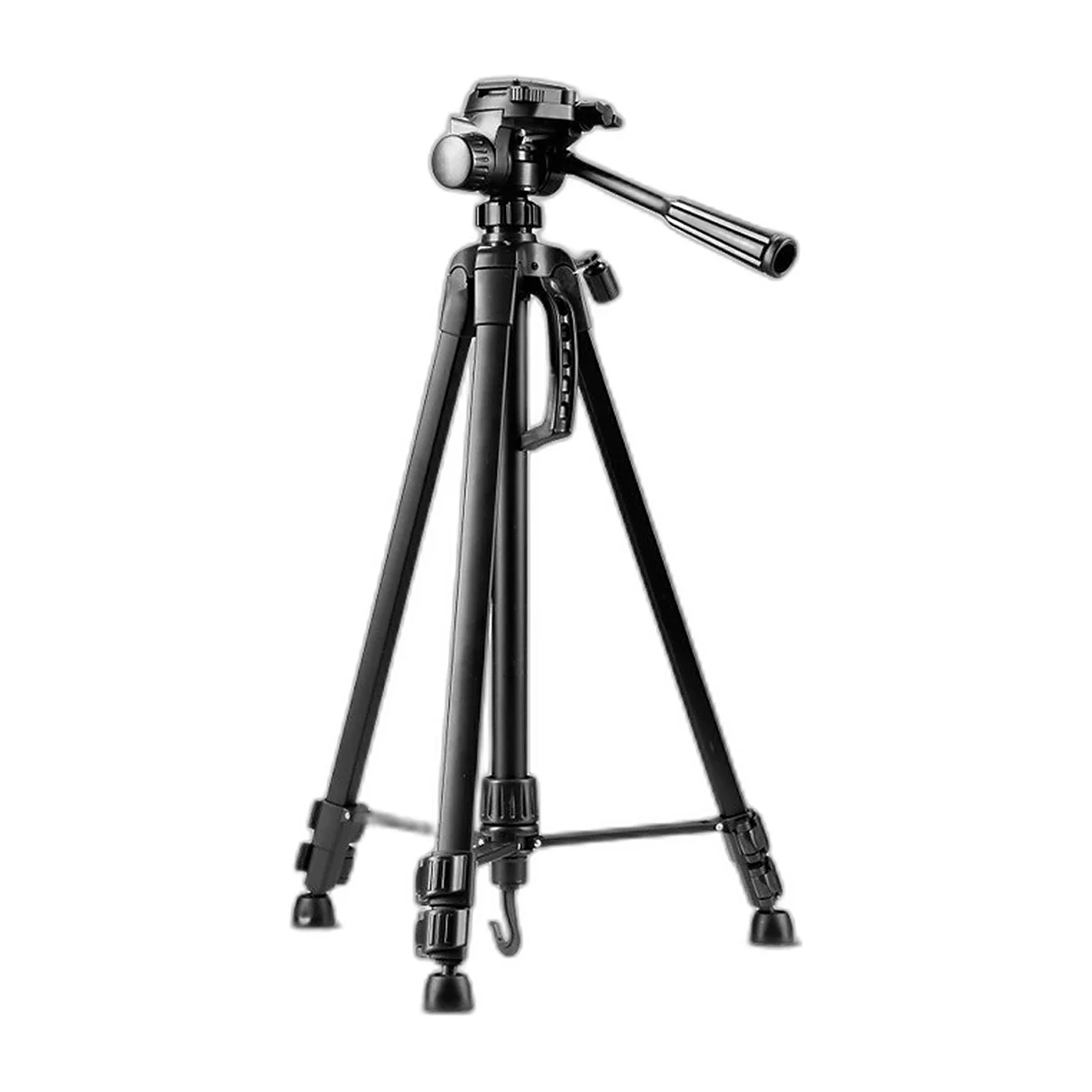 Black aluminium photo tripod extended, with its bag