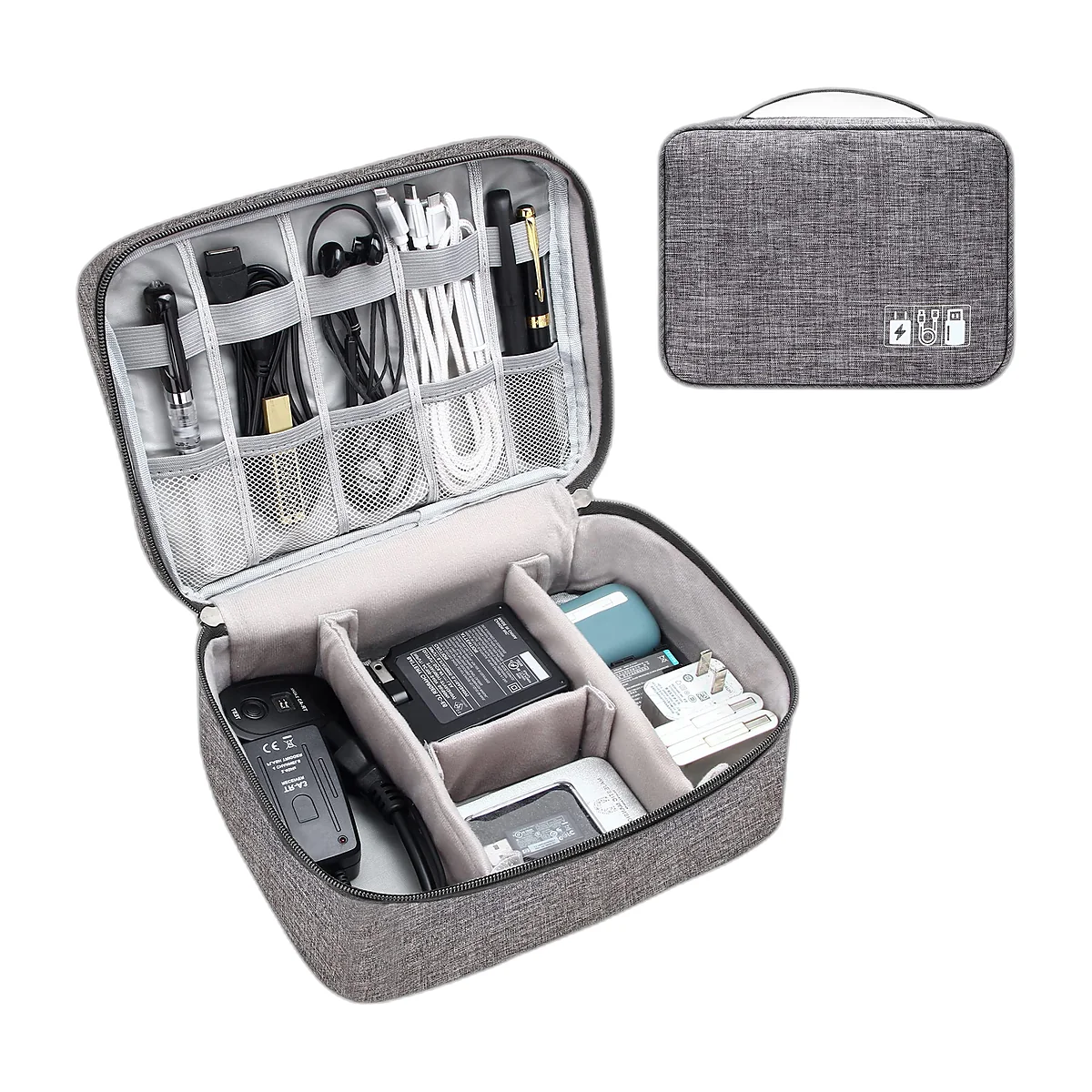 Open grey cable organiser with mesh pockets and dividers
