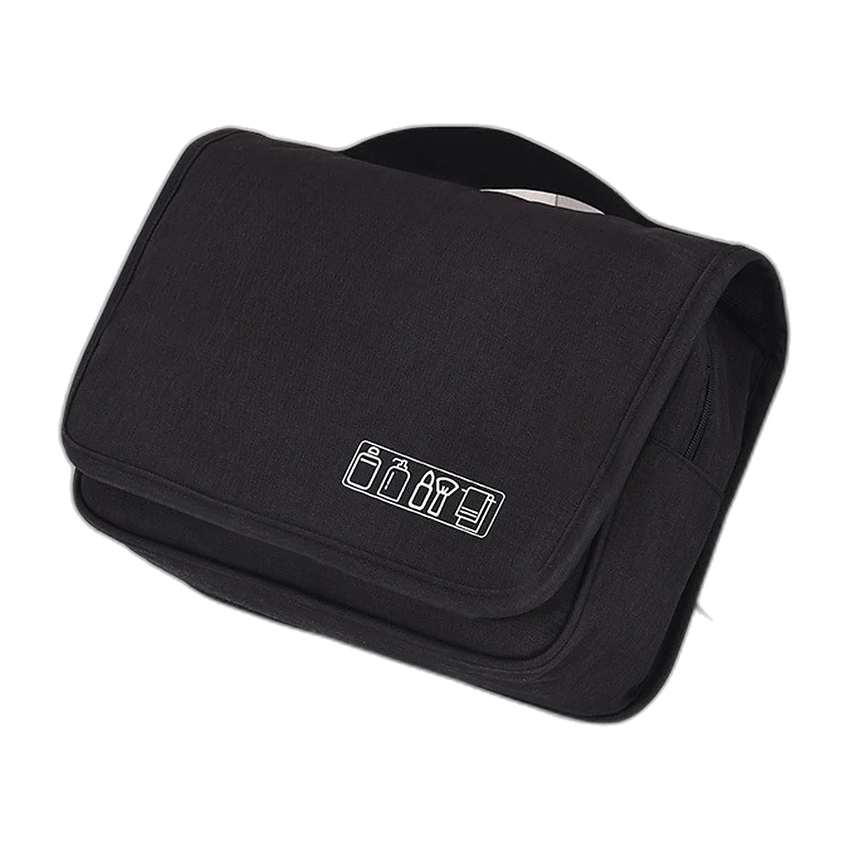 Black hanging toiletry bag on its hook, compartments open